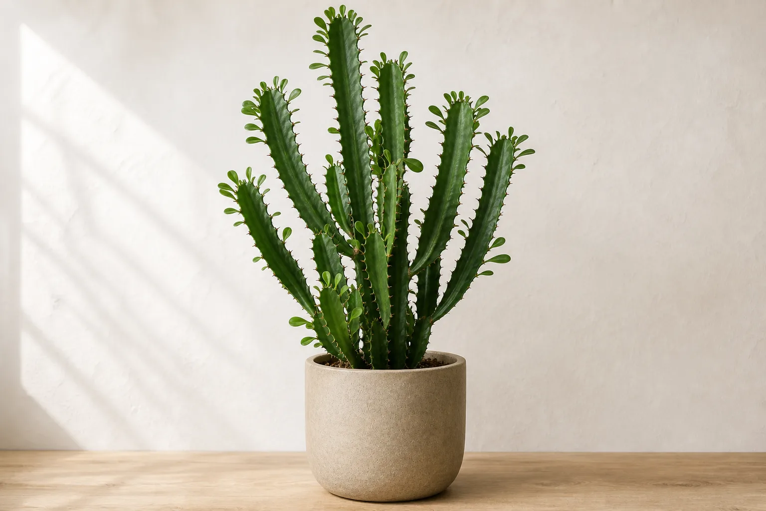 African Milk Tree in a warm stone ceramic pot against an off-white wall