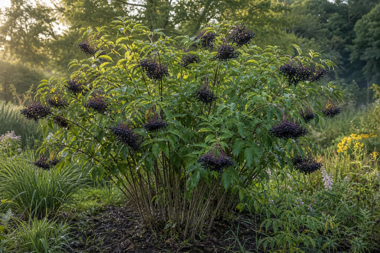 American Elderberry bearing dark purple fruit in a moist natural garden bed