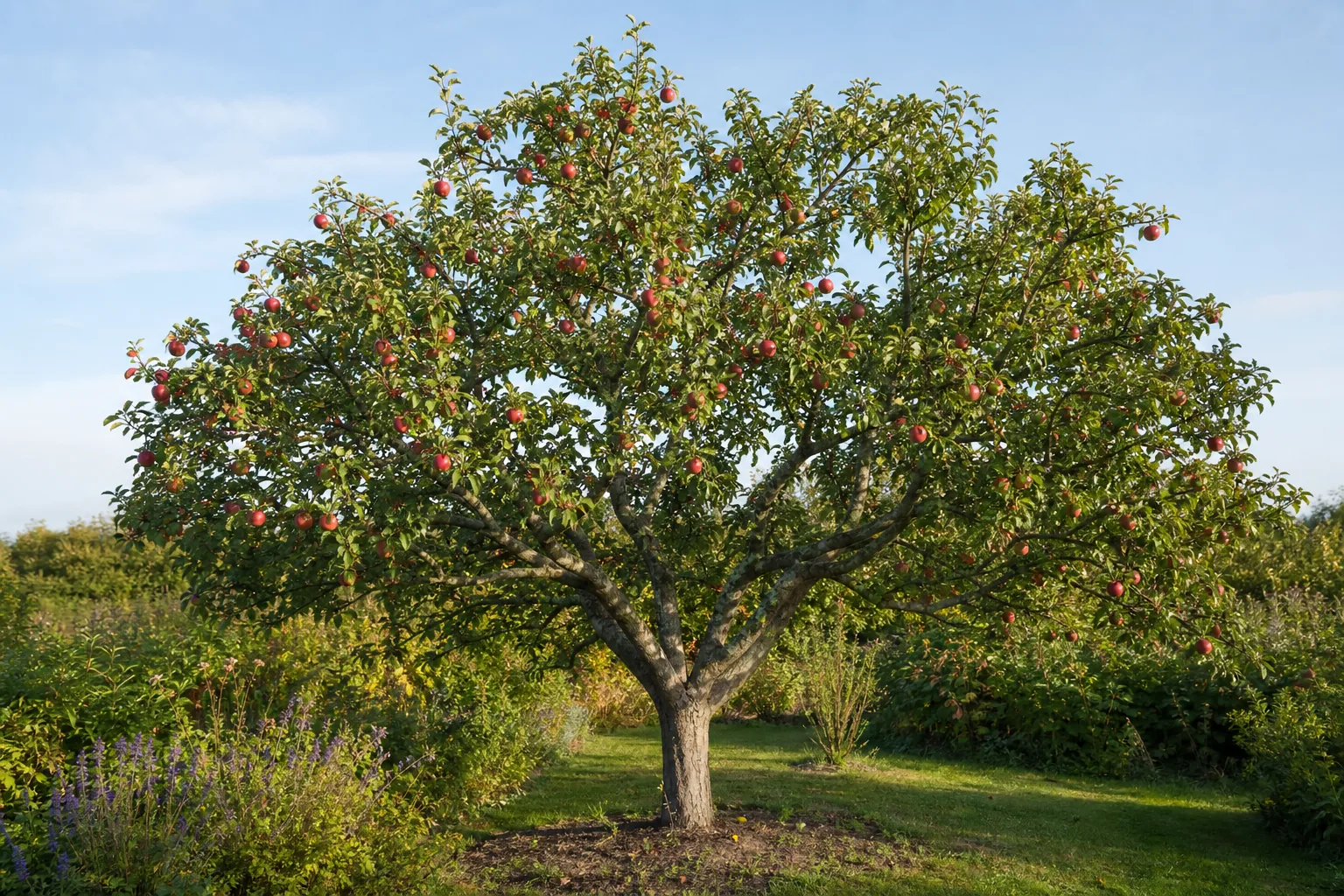 Apple tree bearing red fruit in a sunny home orchard garden