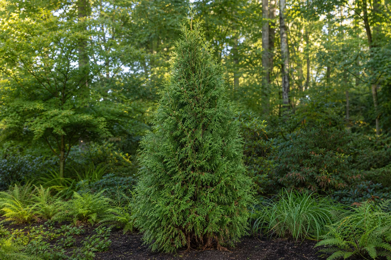 Columnar Arborvitae growing as an evergreen specimen in a natural garden bed