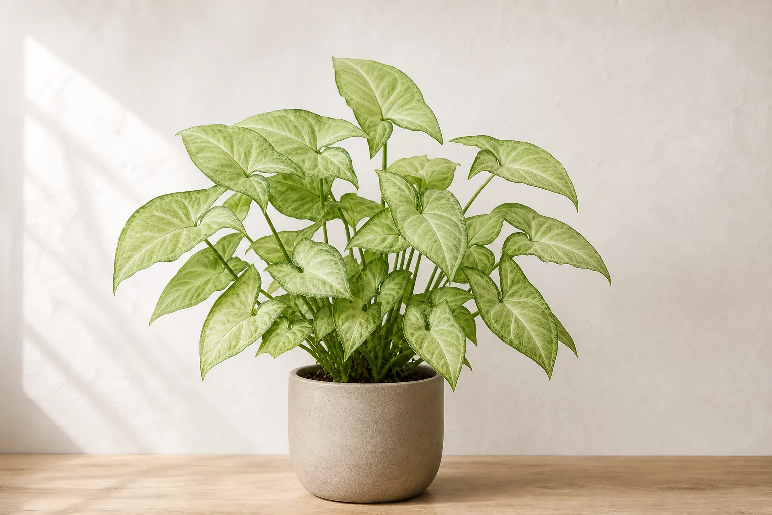 Arrowhead Vine in a warm stone ceramic pot against an off-white wall