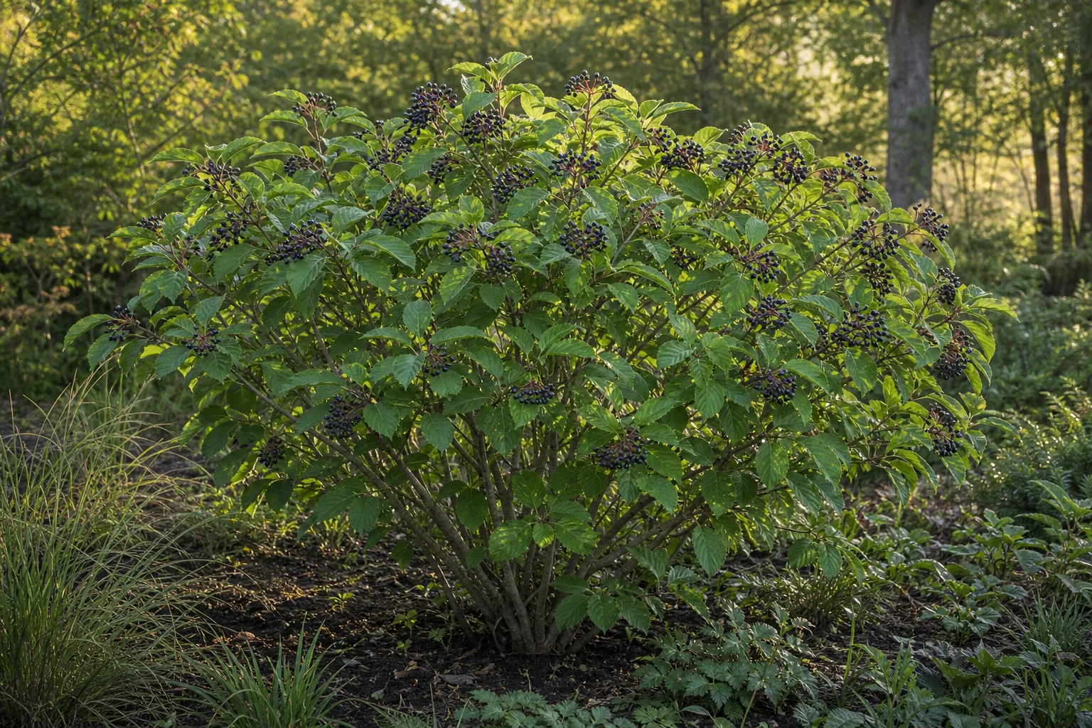 Arrowwood Viburnum bearing blue-black fruit in a natural garden bed