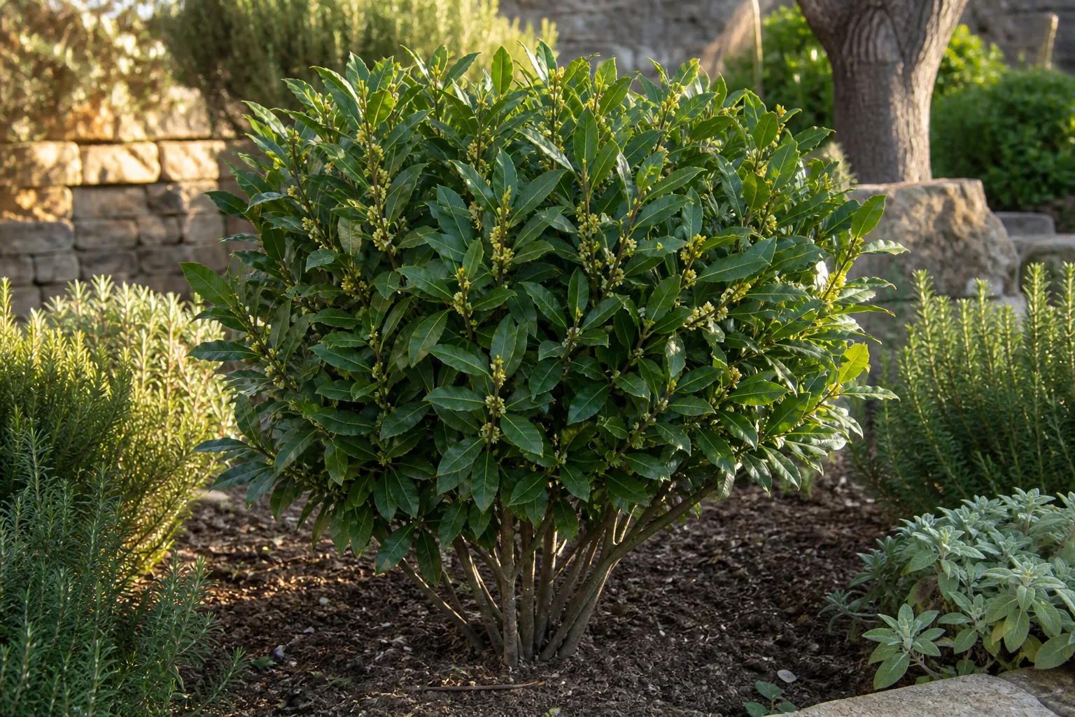 Bay Laurel growing outdoors in a Mediterranean herb garden bed