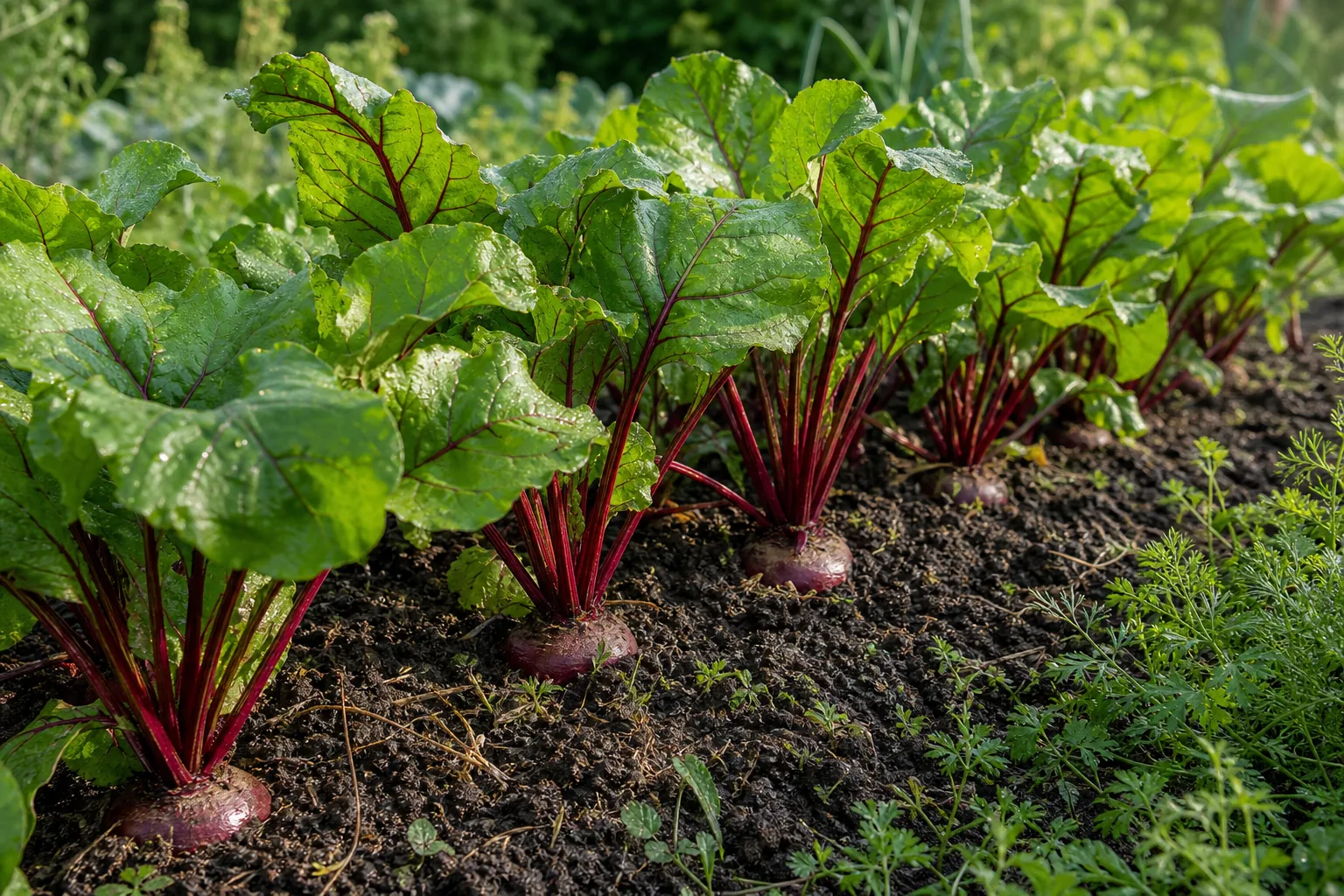 Red Beet roots and foliage growing in a natural kitchen garden bed