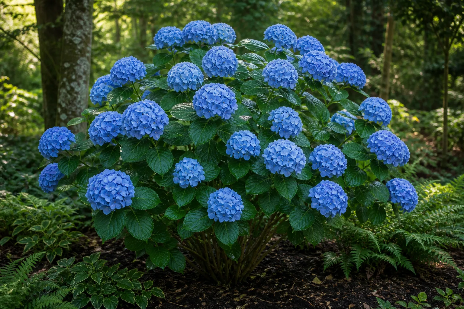 Blue Bigleaf Hydrangea flower heads growing in a shaded garden bed