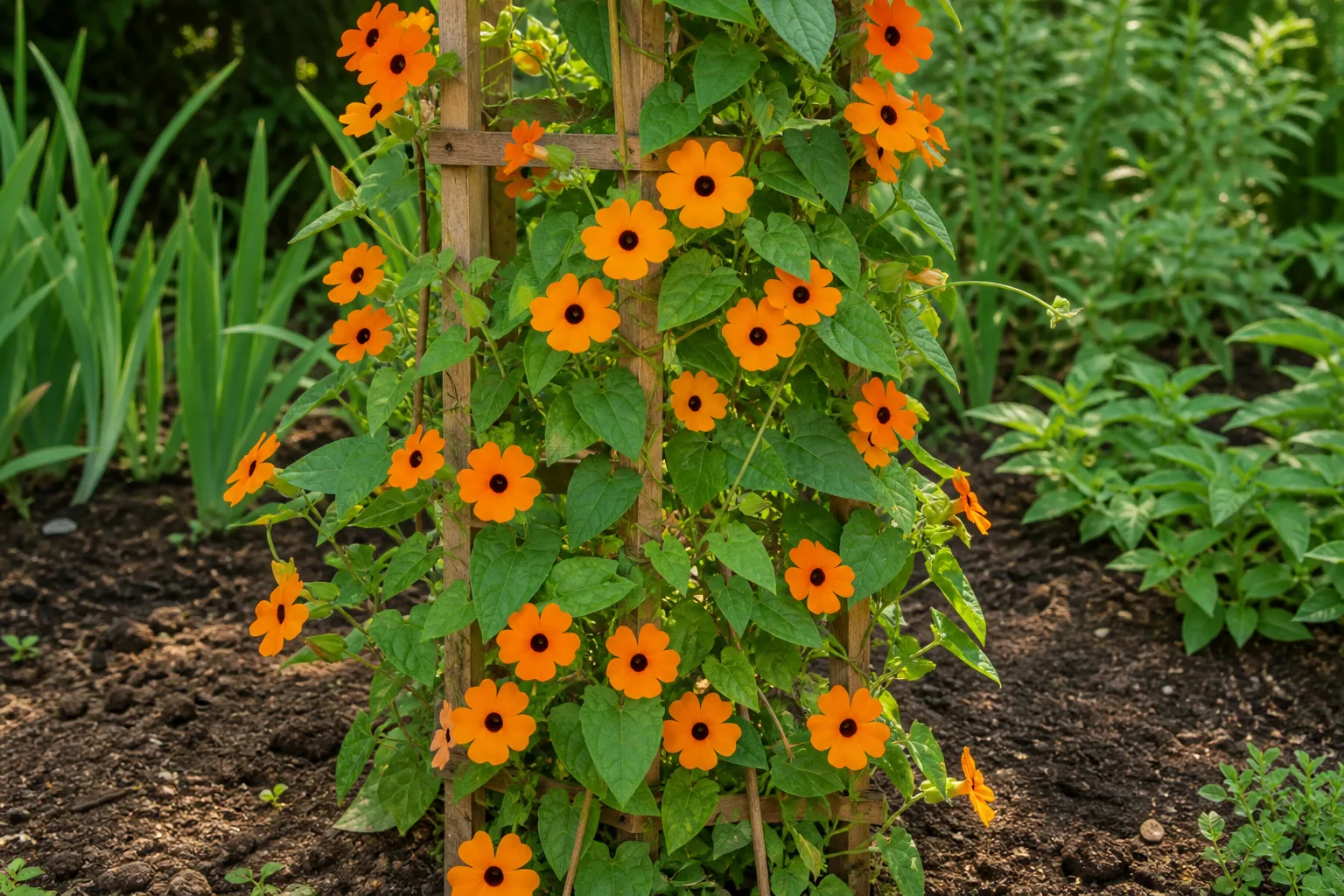 Orange Black-eyed Susan Vine flowers climbing a garden trellis