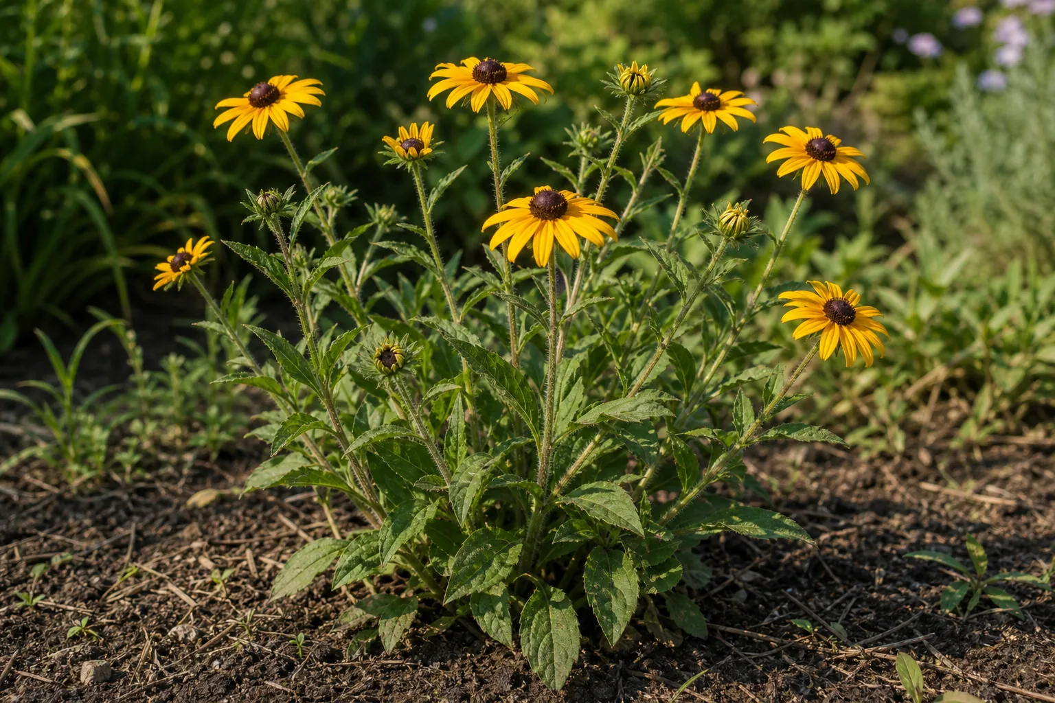 Golden Black-eyed Susan flowers growing in a sunny natural garden bed