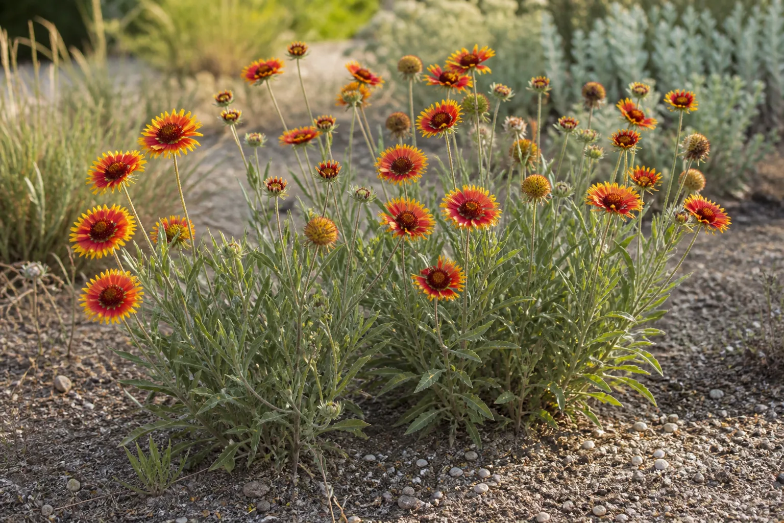 Red-and-gold Blanket Flower blooms growing in a dry sunny garden bed