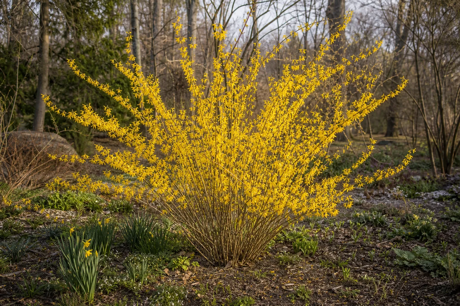Yellow Border Forsythia flowering in an early spring garden bed