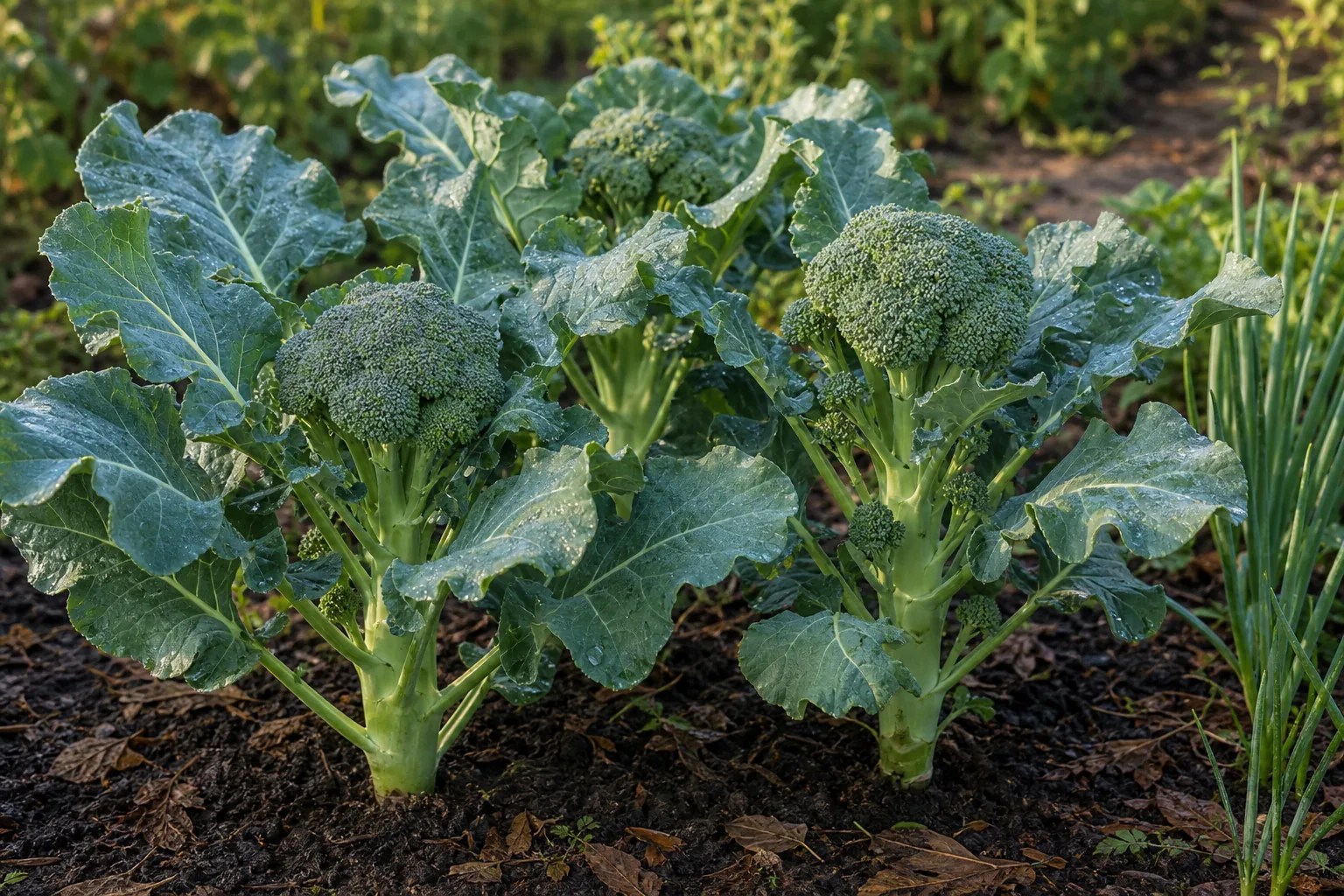 Broccoli plants forming green heads in a cool-season kitchen garden bed