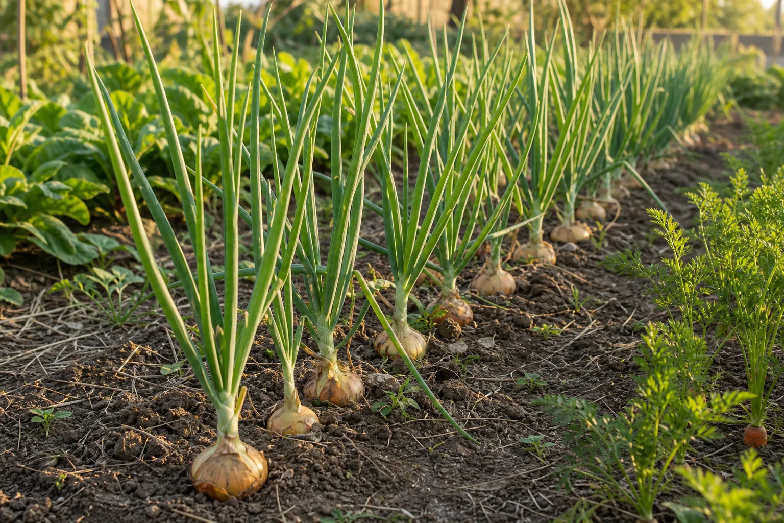 Bulb Onion plants growing in rows in a natural kitchen garden bed