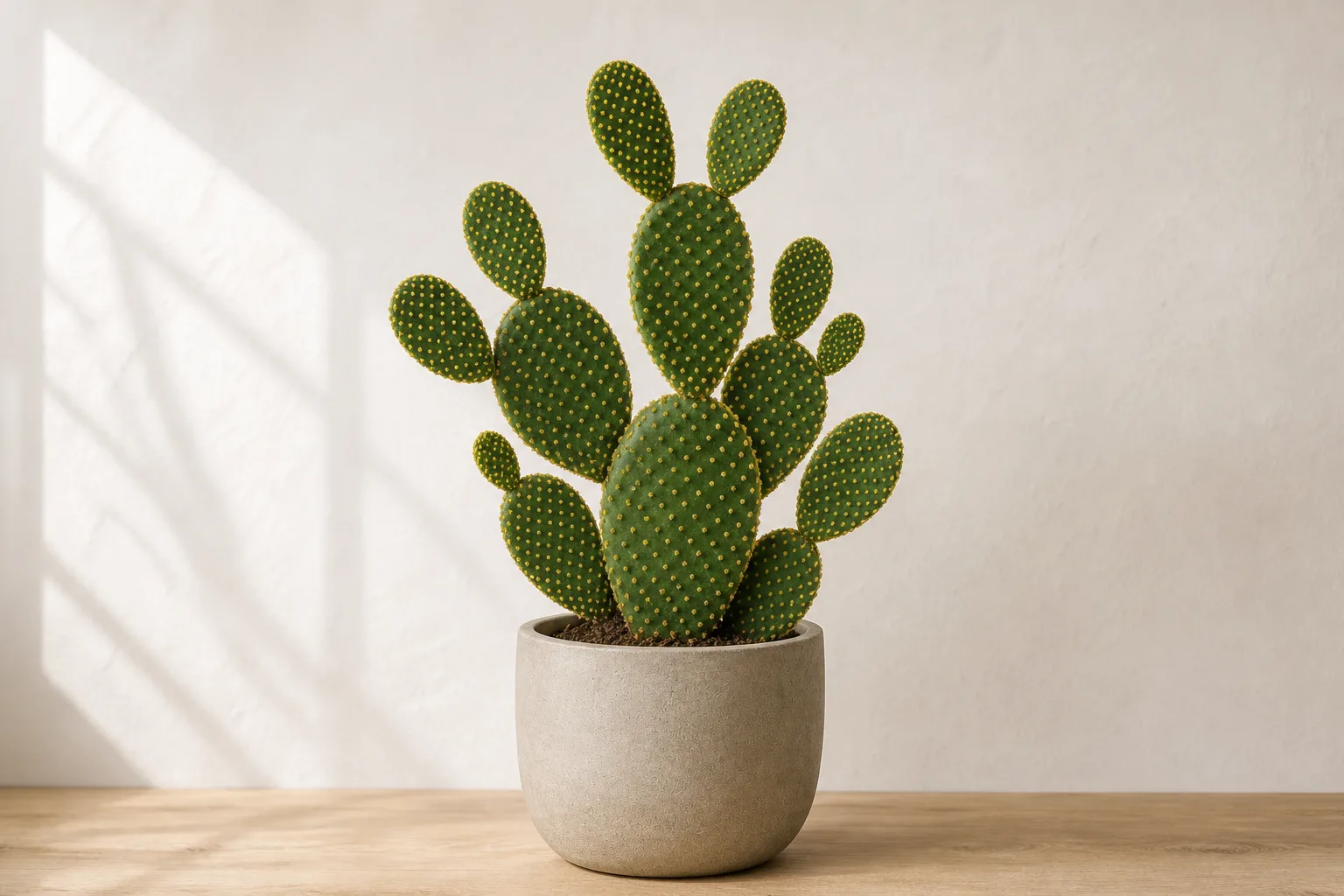 Bunny Ears Cactus in a warm stone ceramic pot against an off-white wall