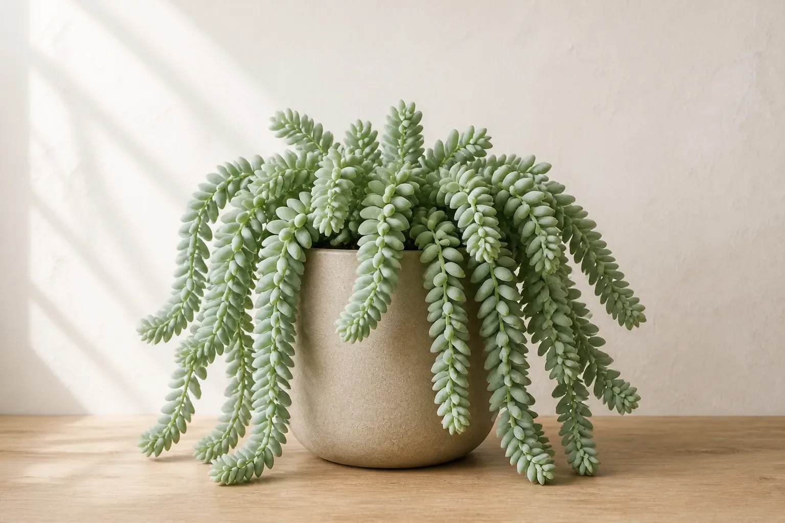 Burro's Tail in a warm stone ceramic pot against an off-white wall