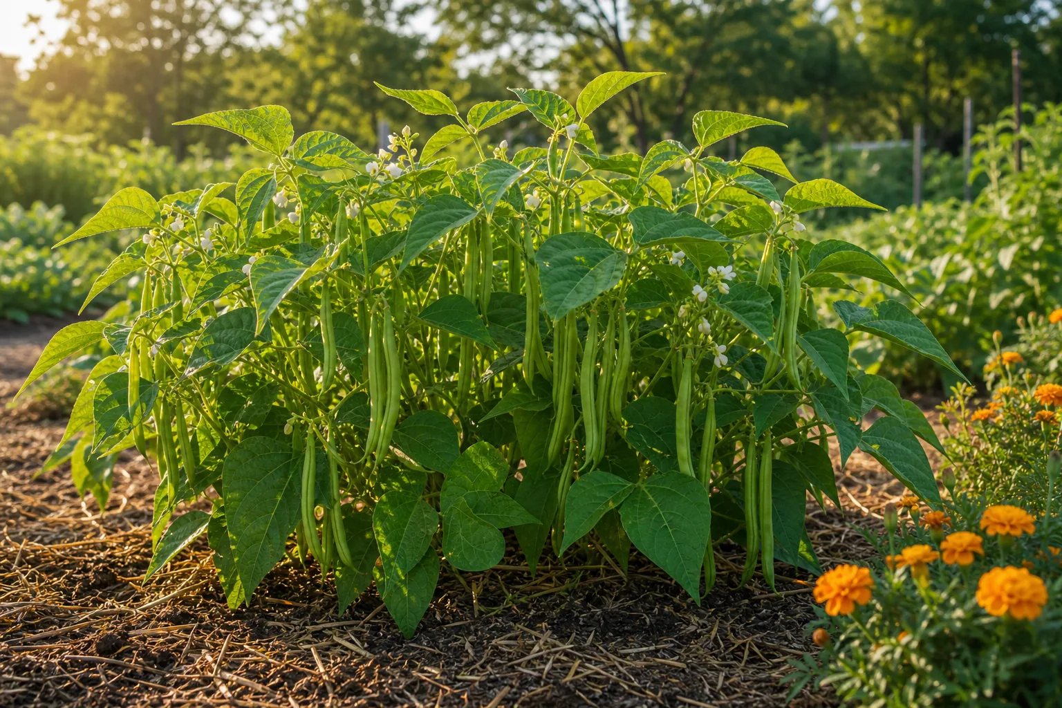 Bush Bean plants bearing green pods in a sunny kitchen garden bed