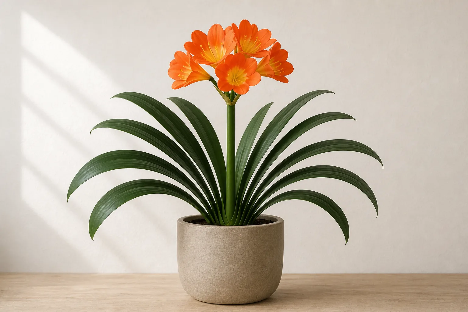 Bush Lily in a warm stone ceramic pot against an off-white wall