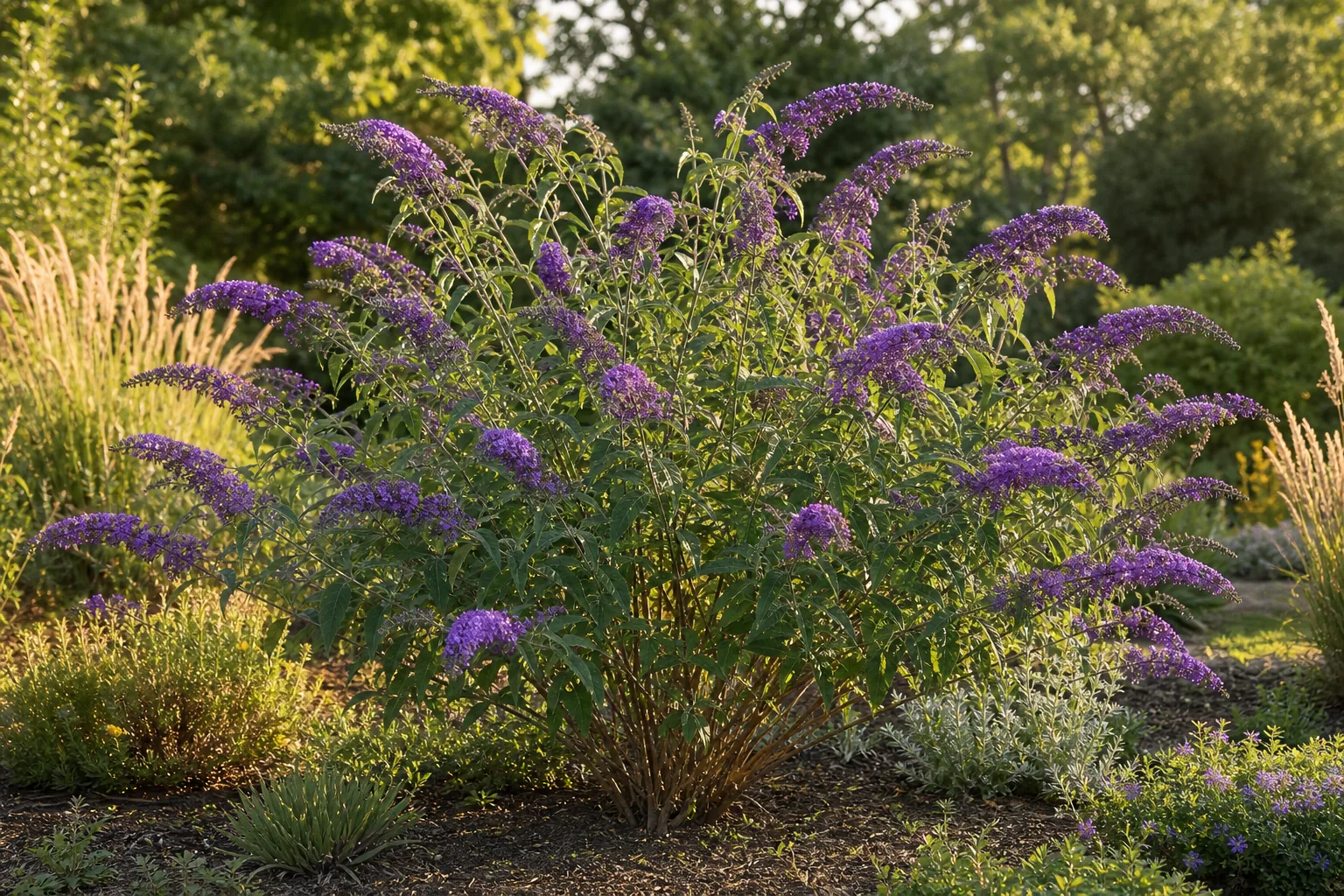 Violet Butterfly Bush flower panicles growing in a sunny garden bed