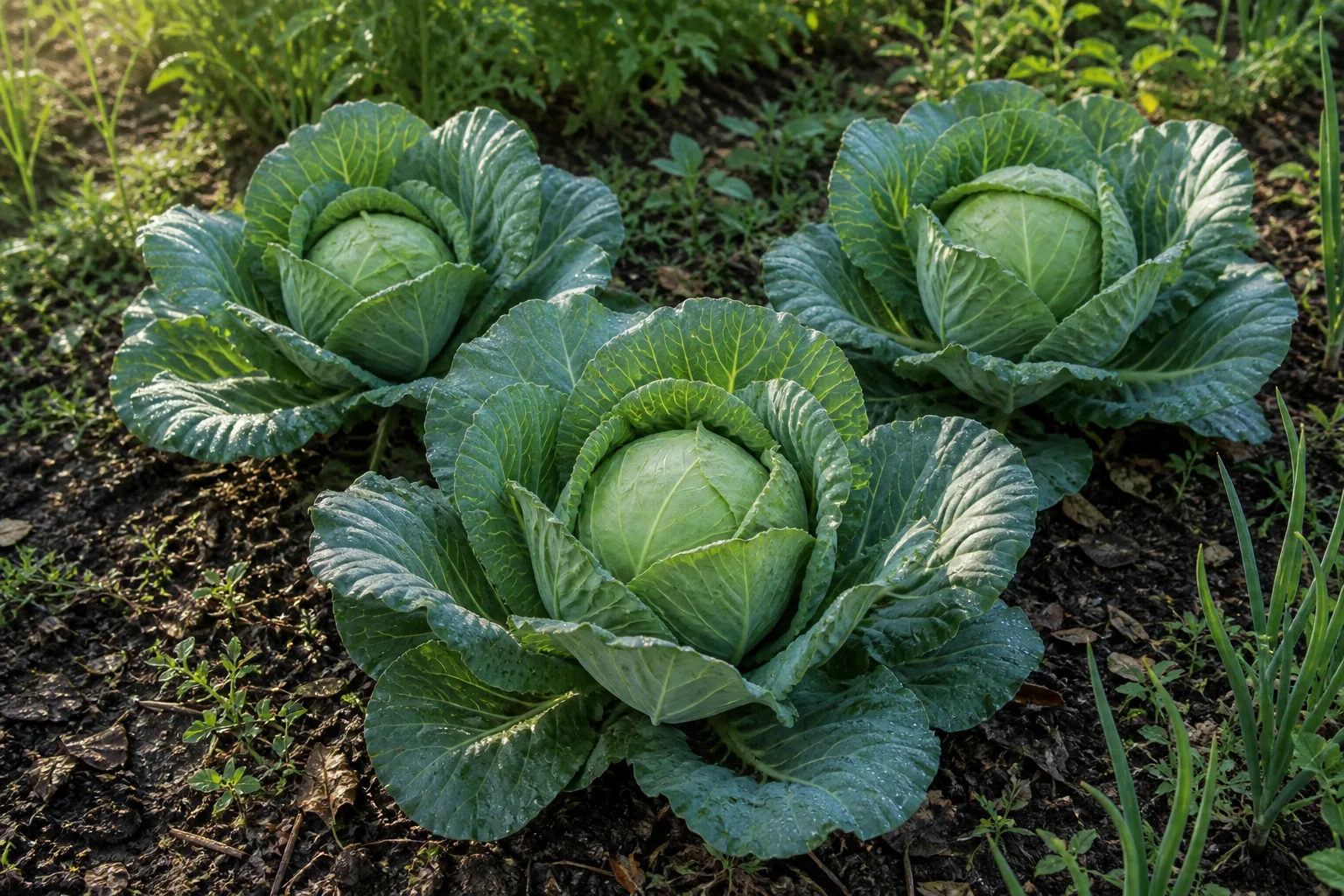 Green Cabbage heads growing in a cool-season kitchen garden bed