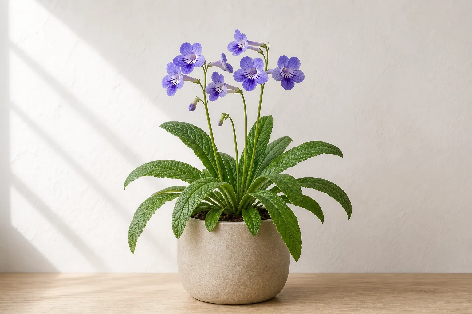 Cape Primrose in a warm stone ceramic pot against an off-white wall