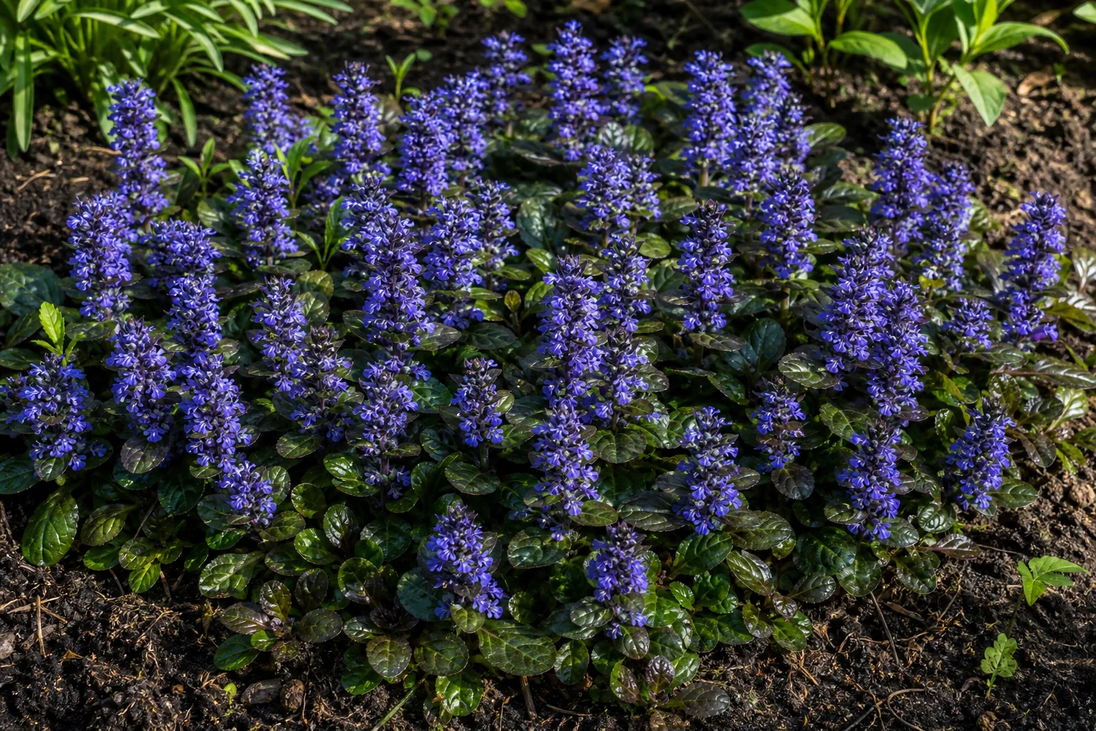 Blue Carpet Bugle flowers spreading across a natural garden bed