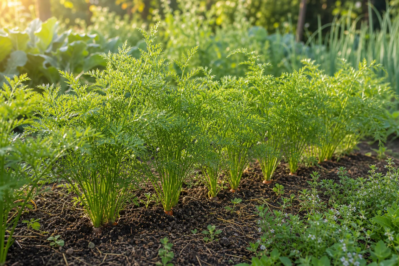 Carrot foliage growing in rows in a natural kitchen garden bed