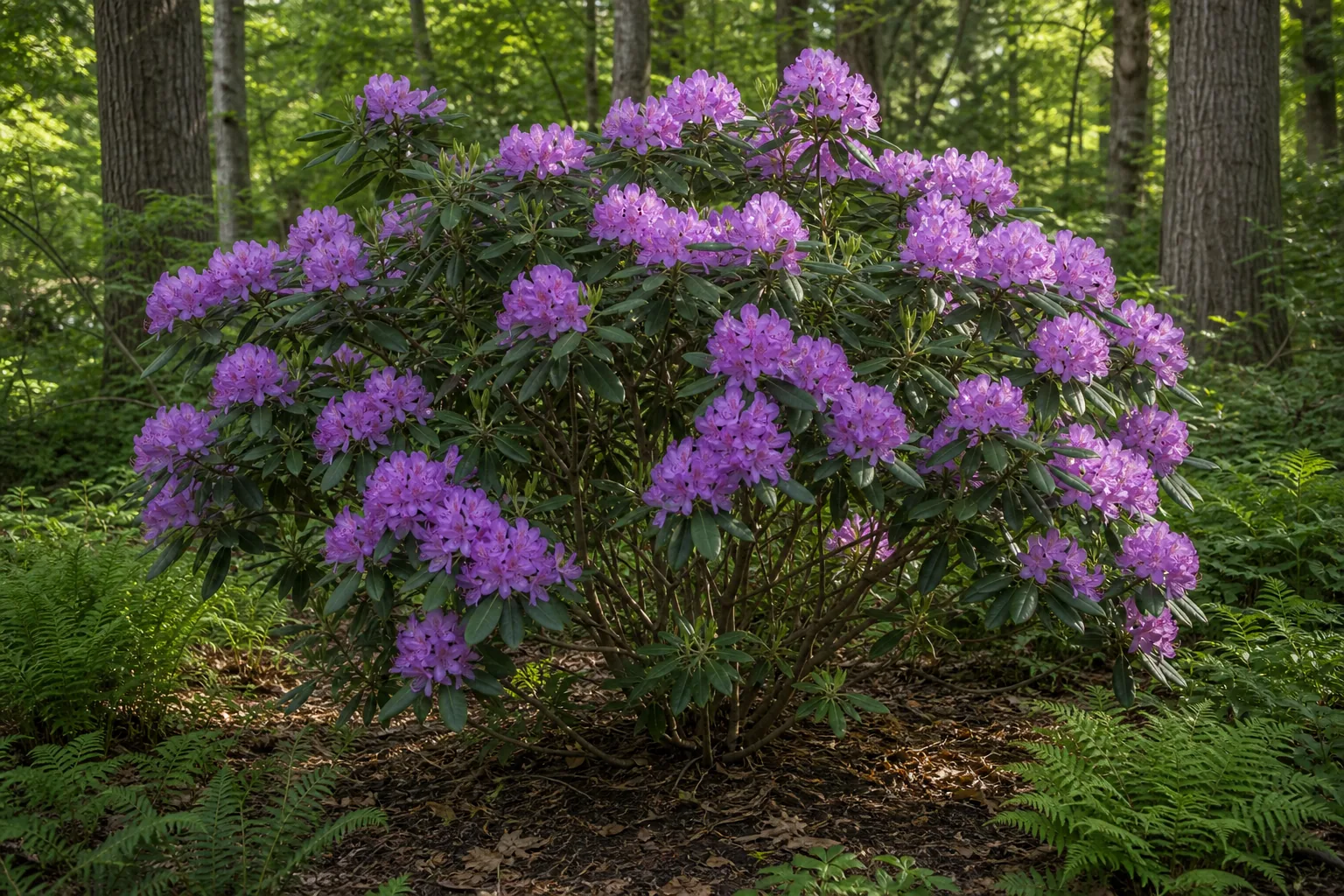 Lavender Catawba Rhododendron flower clusters in a woodland garden bed