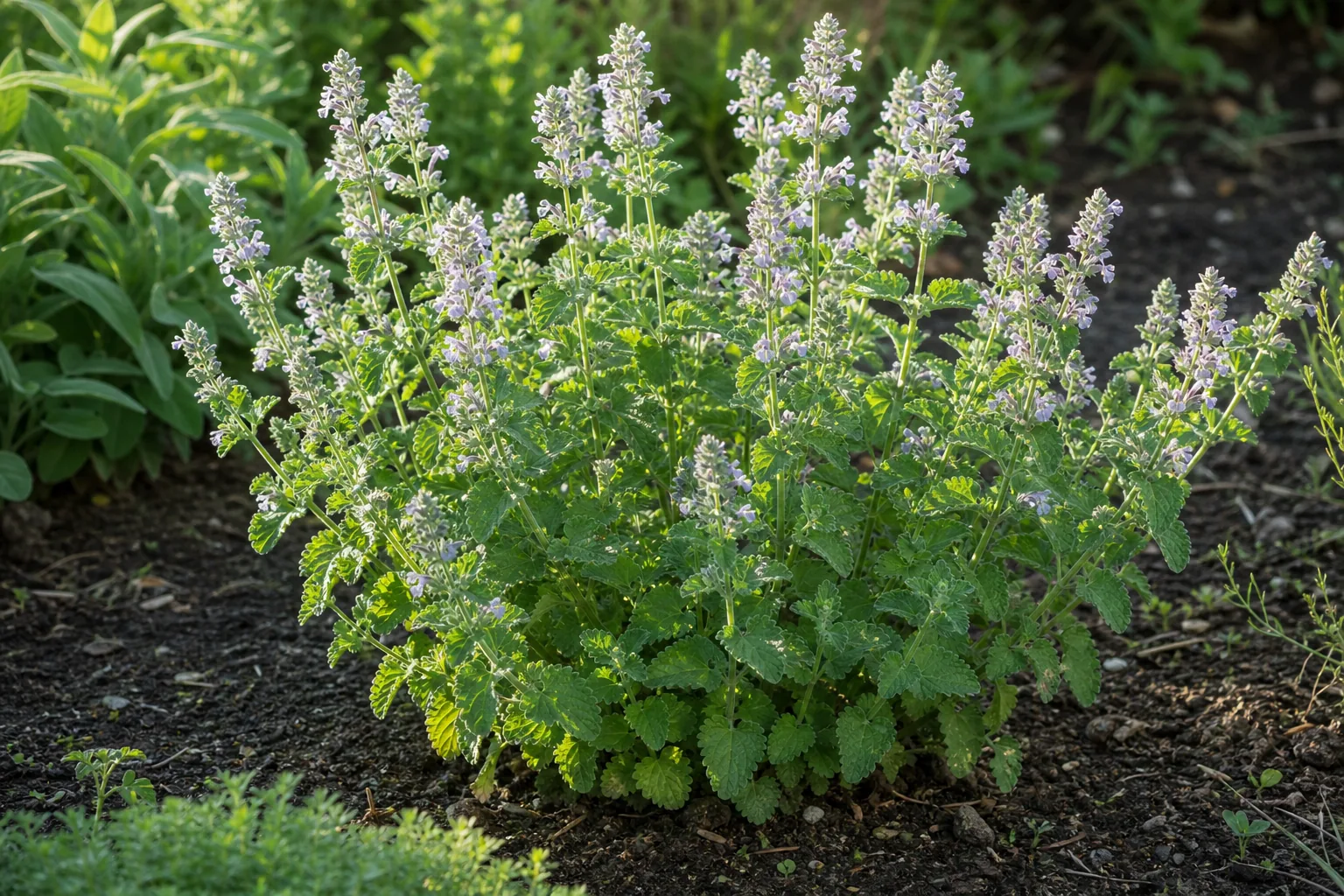 Catnip flowering in a sunny natural herb garden bed