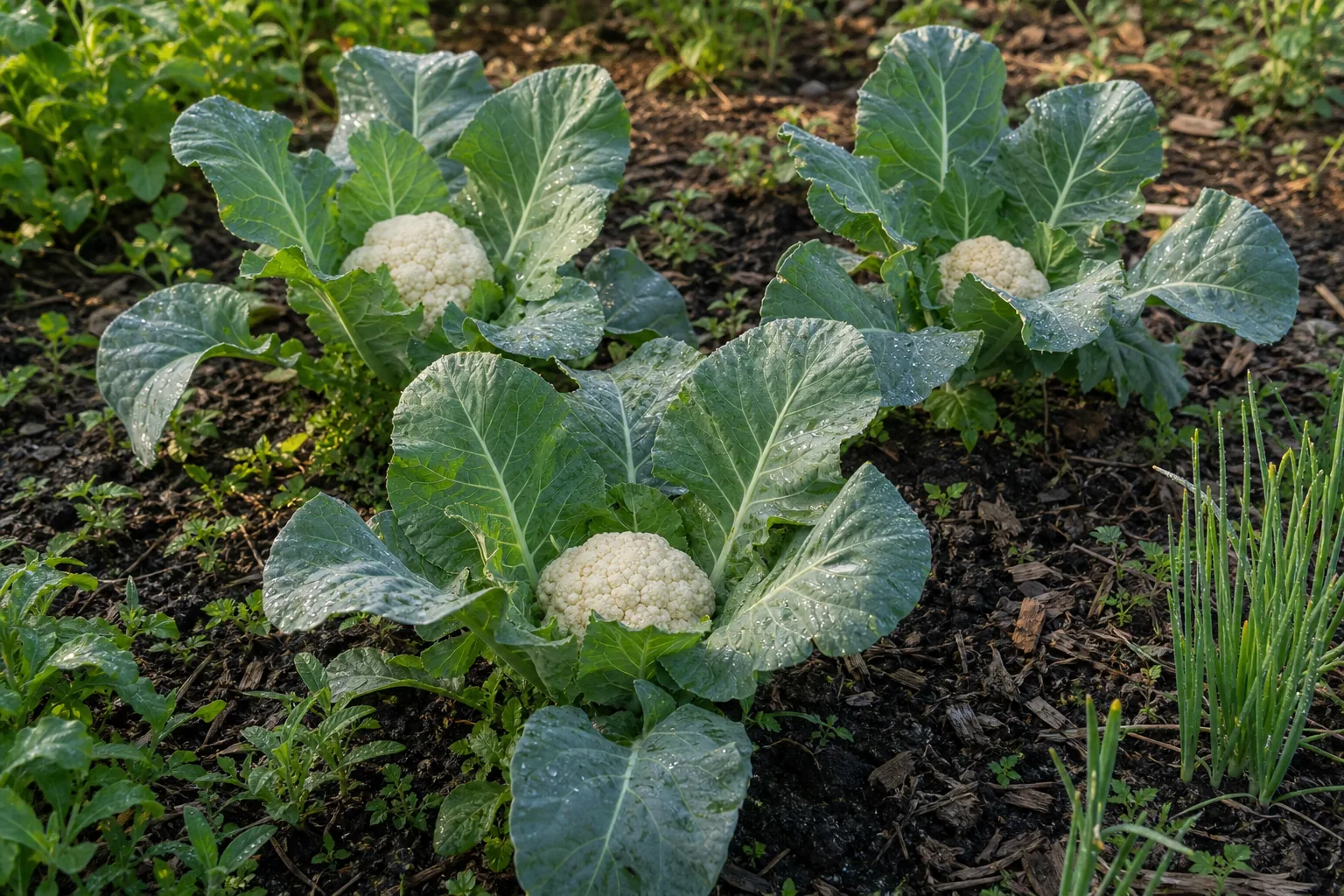 White Cauliflower heads growing in a cool-season kitchen garden bed
