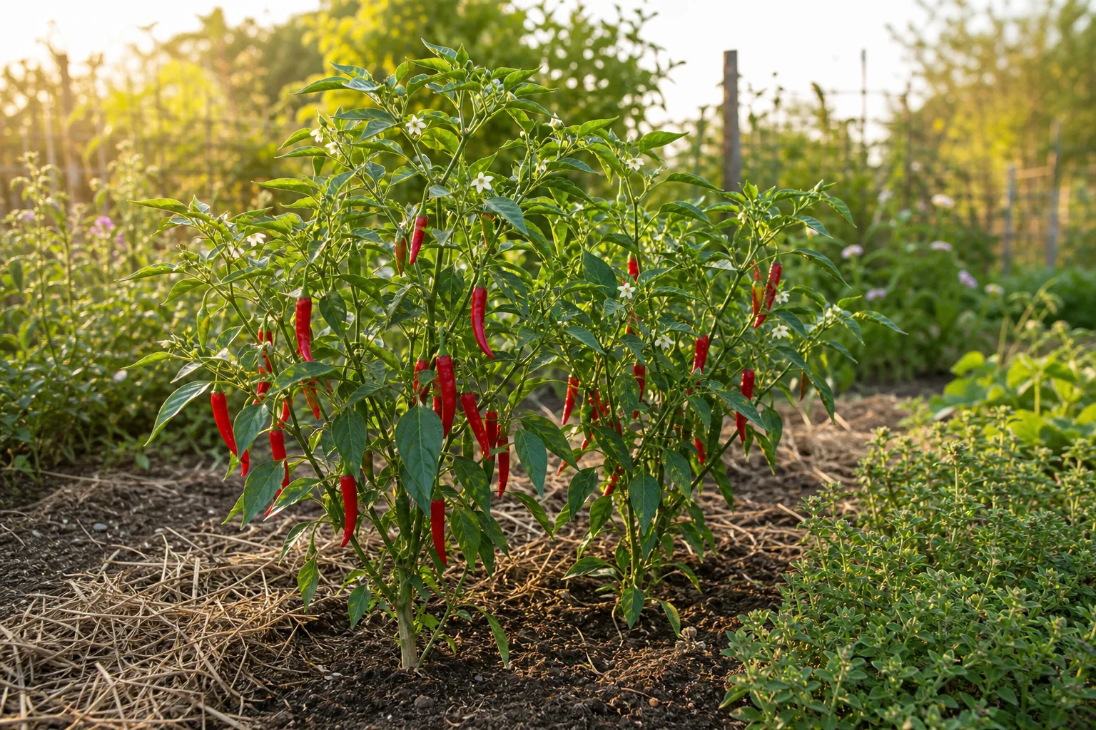 Chili Pepper plants bearing red fruit in a sunny kitchen garden bed