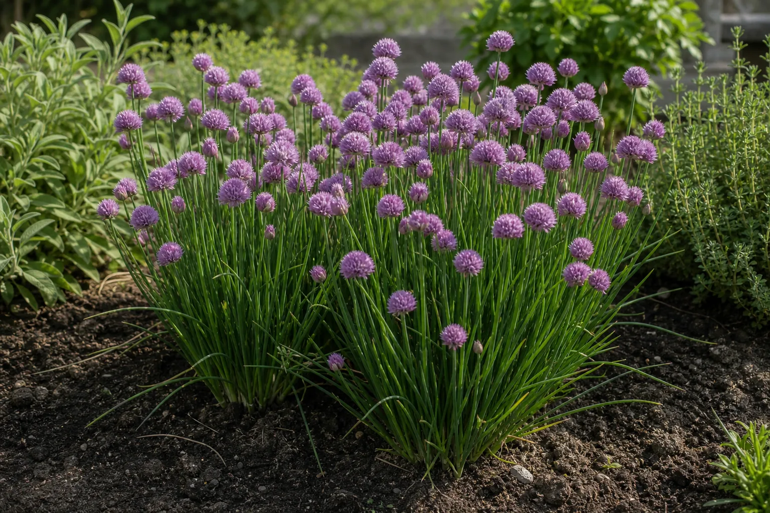 Chives flowering in a sunny natural herb garden bed