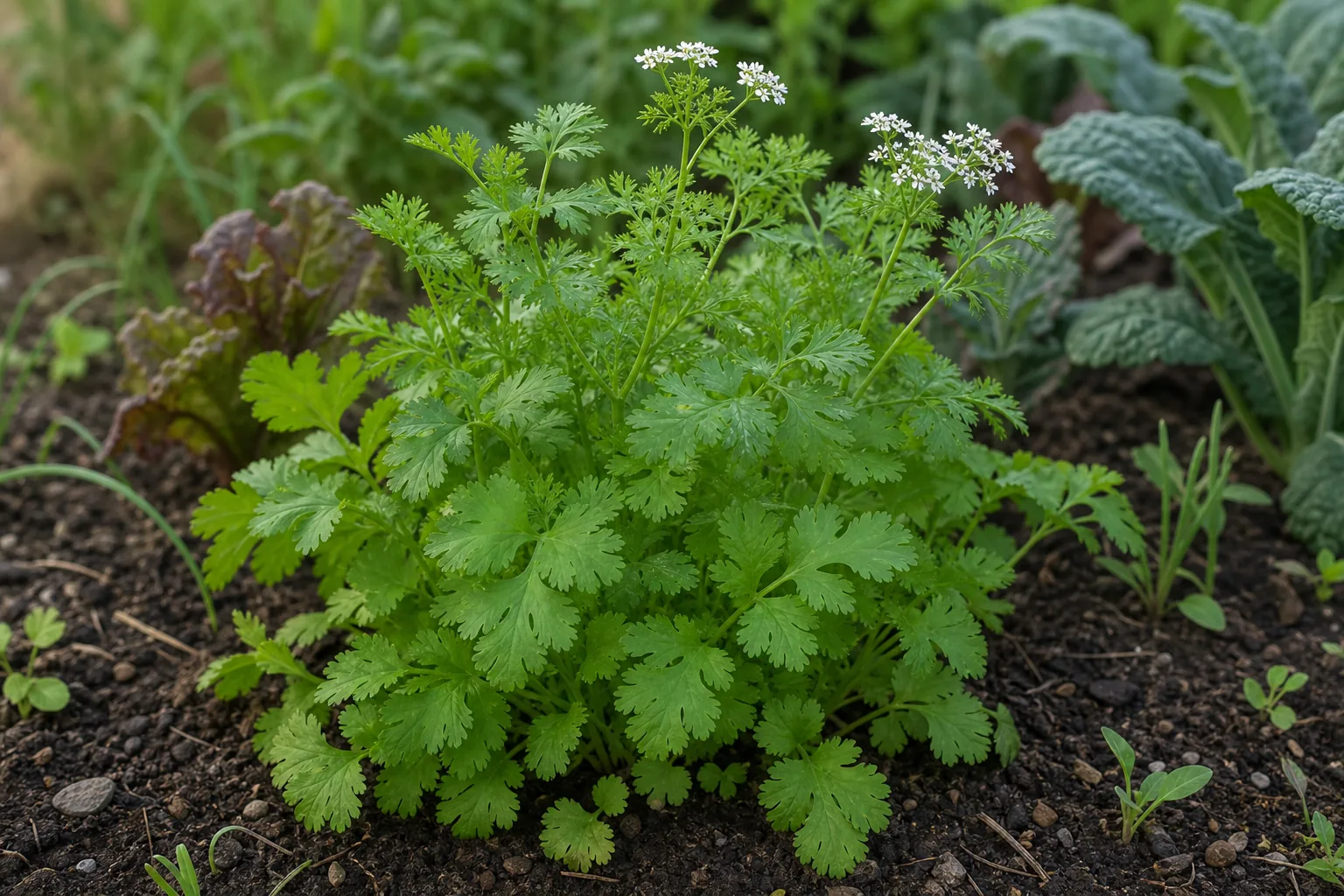 Cilantro growing in a cool-season natural herb garden bed