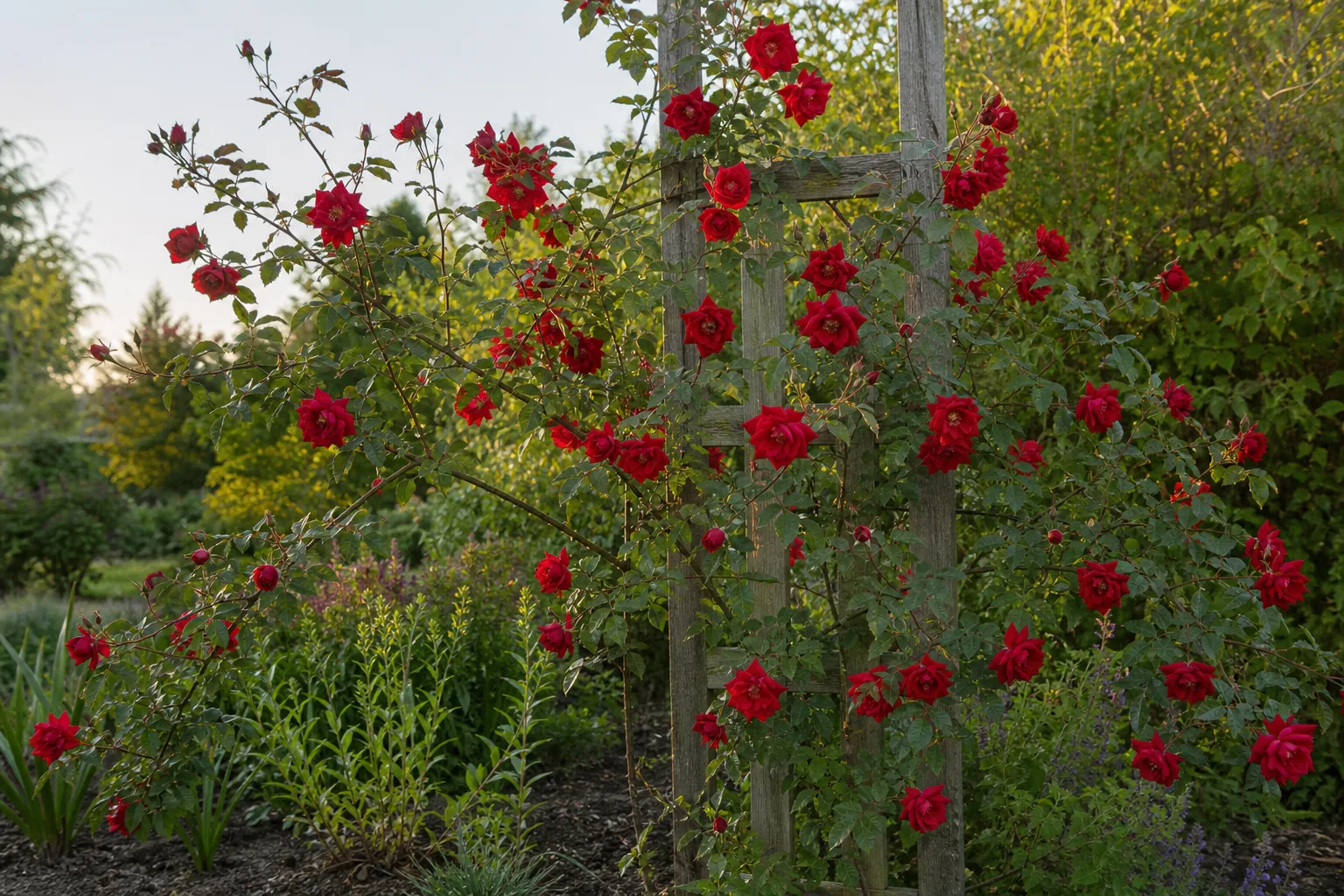 Deep red Climbing Rose flowering on a garden trellis outdoors