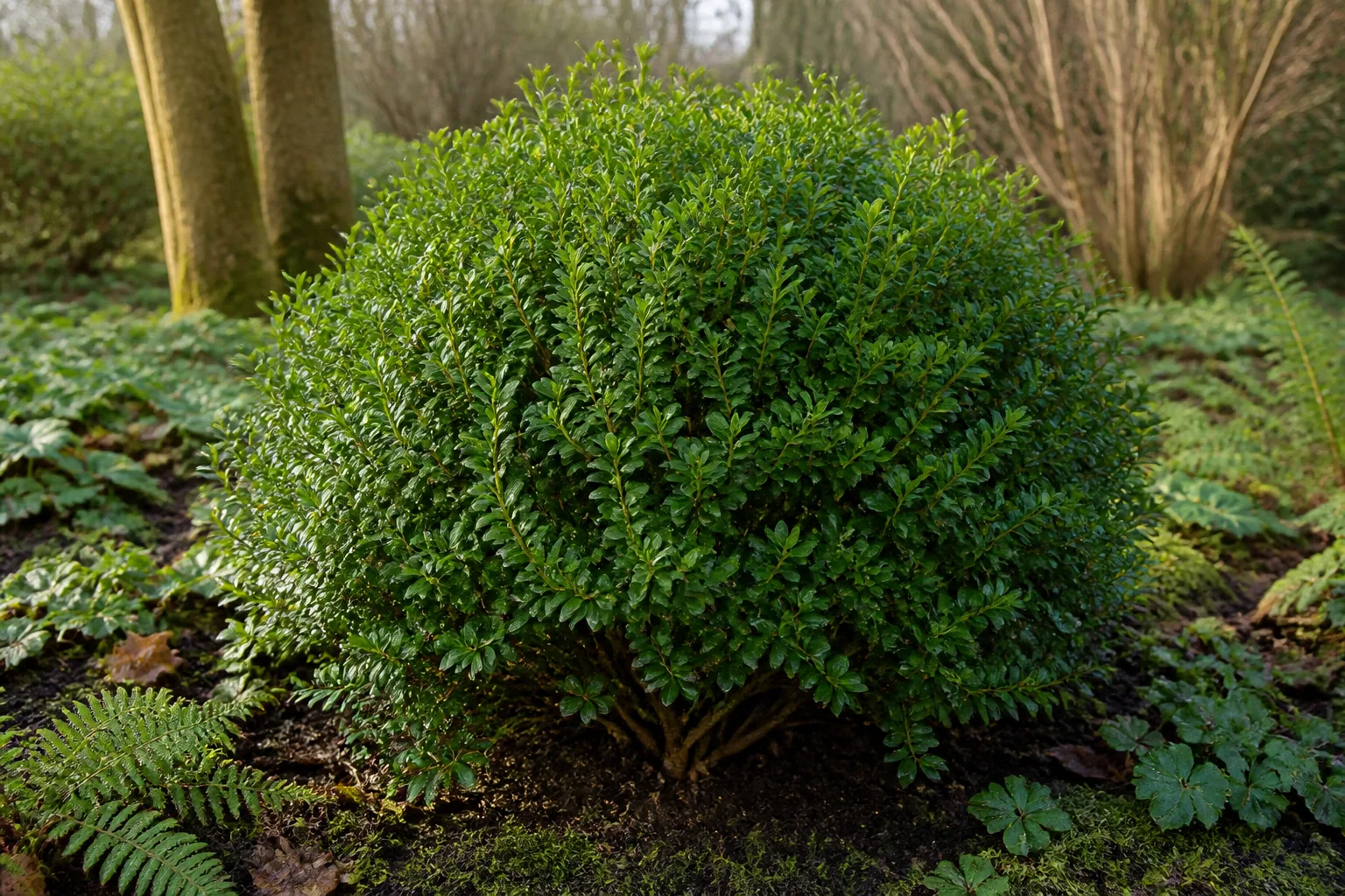 Common Boxwood growing as a dense evergreen shrub in a natural garden bed