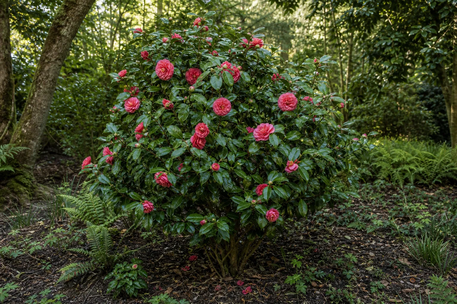 Deep pink Common Camellia flowers growing in a woodland-edge garden bed