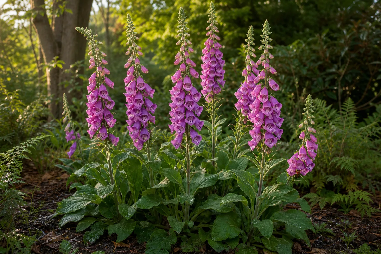 Rose-purple Common Foxglove spikes growing in a woodland-edge garden bed