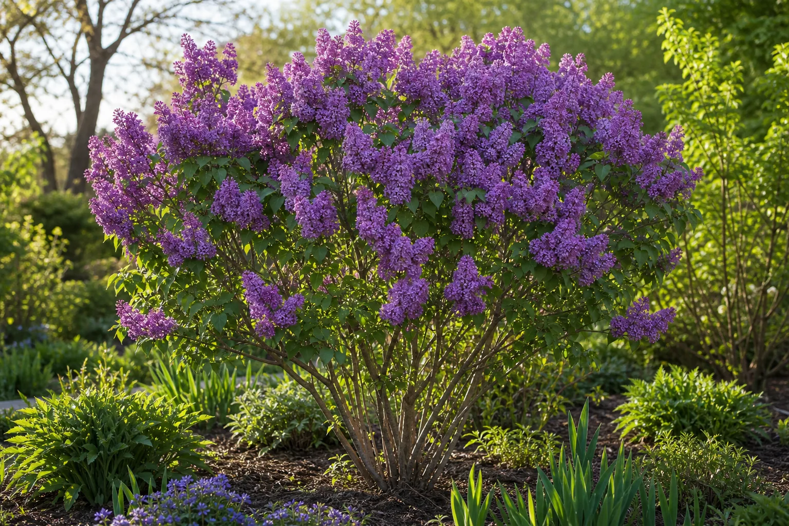 Purple Common Lilac flower panicles blooming in a sunny garden bed