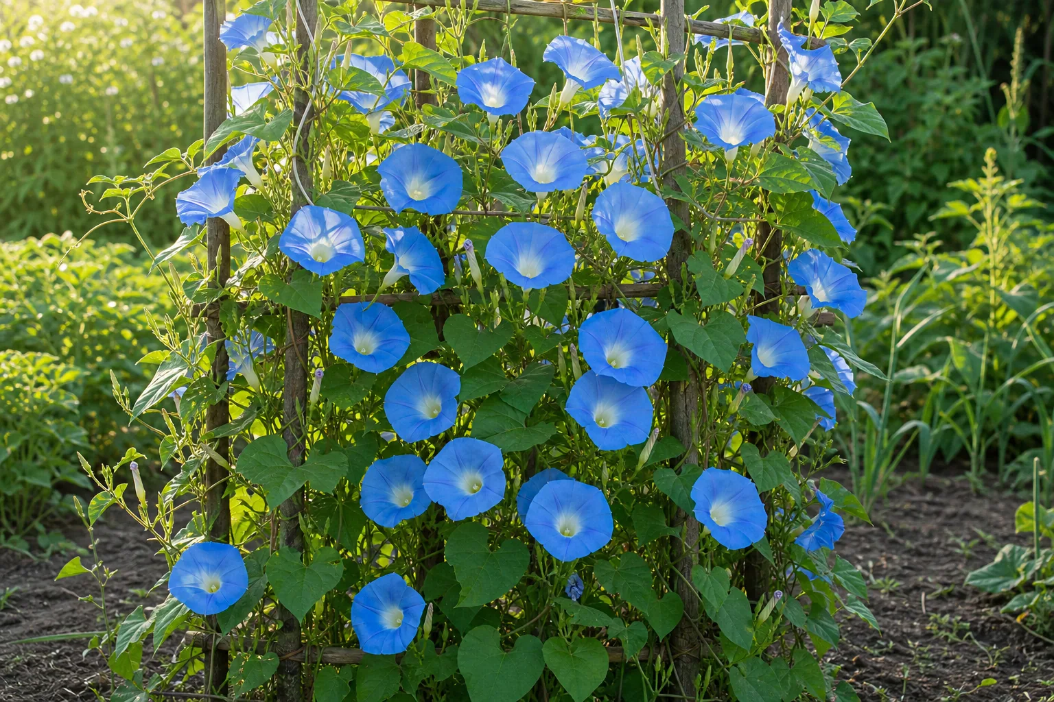 Blue Common Morning Glory flowers climbing a garden trellis