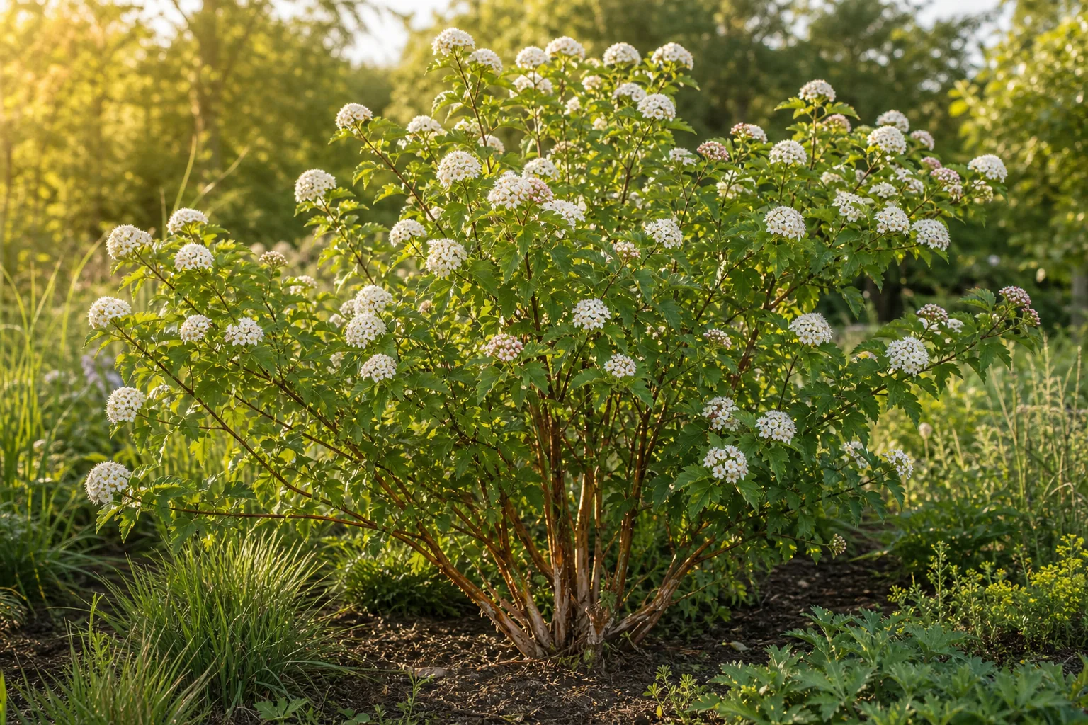 White Common Ninebark flower clusters growing in a sunny natural garden bed