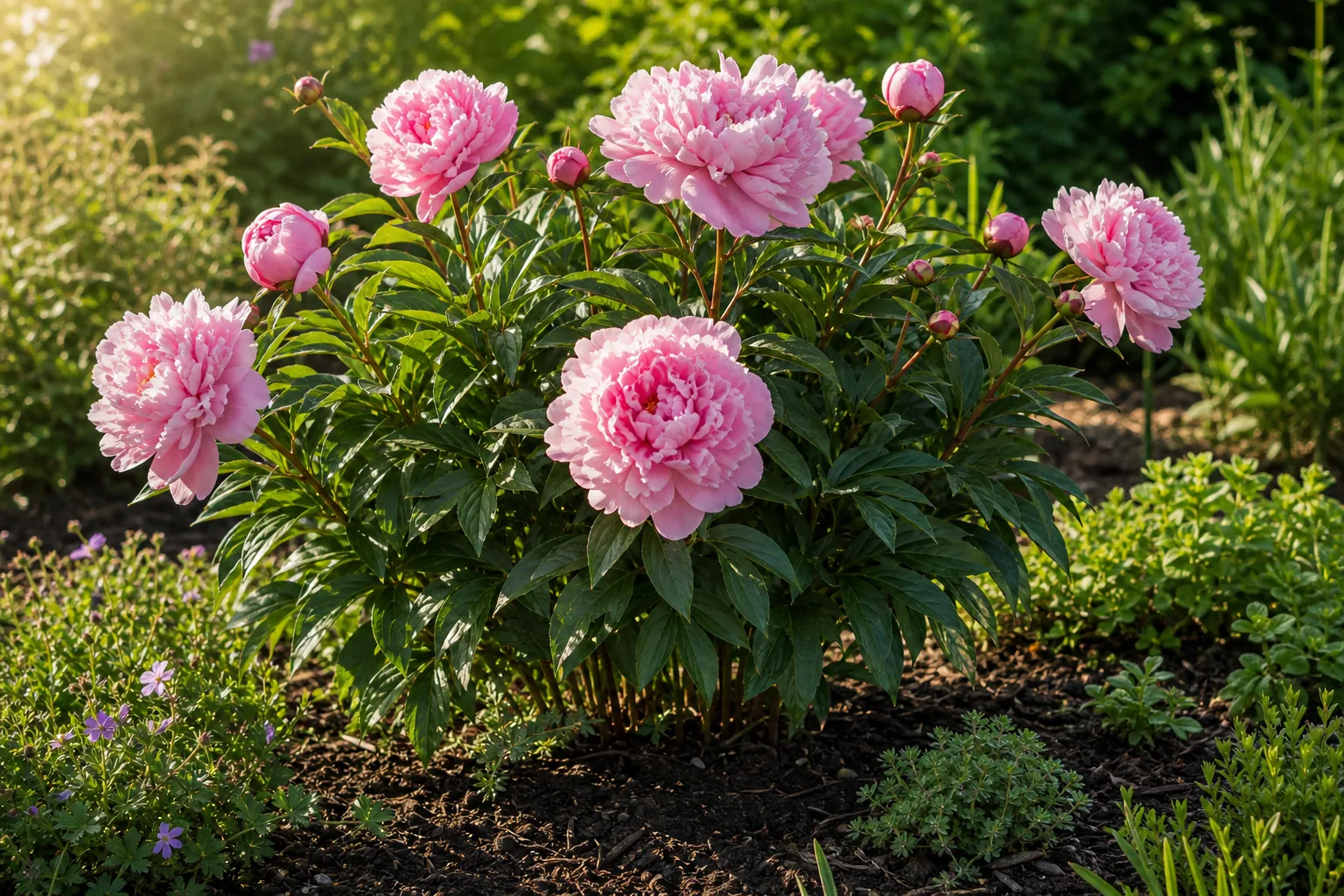 Pink Common Peony flowers growing in a sunny perennial garden bed