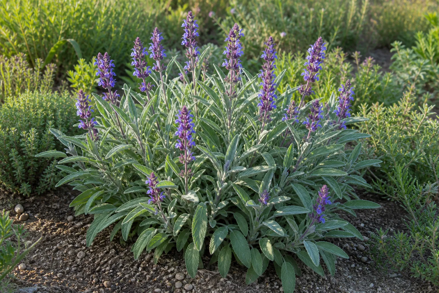 Common Sage flowering in a sunny natural herb garden bed