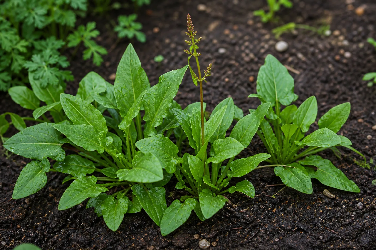 Common Sorrel growing in a cool moist herb garden bed