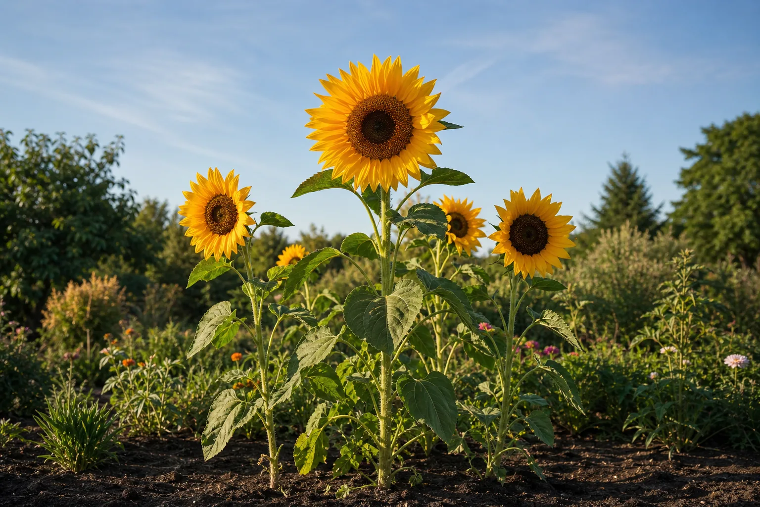 Golden Common Sunflowers growing in a sunny natural garden bed