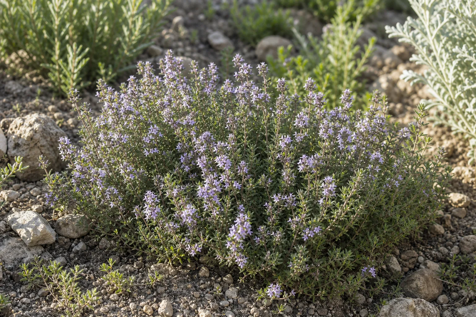 Common Thyme flowering in a dry sunny herb garden bed