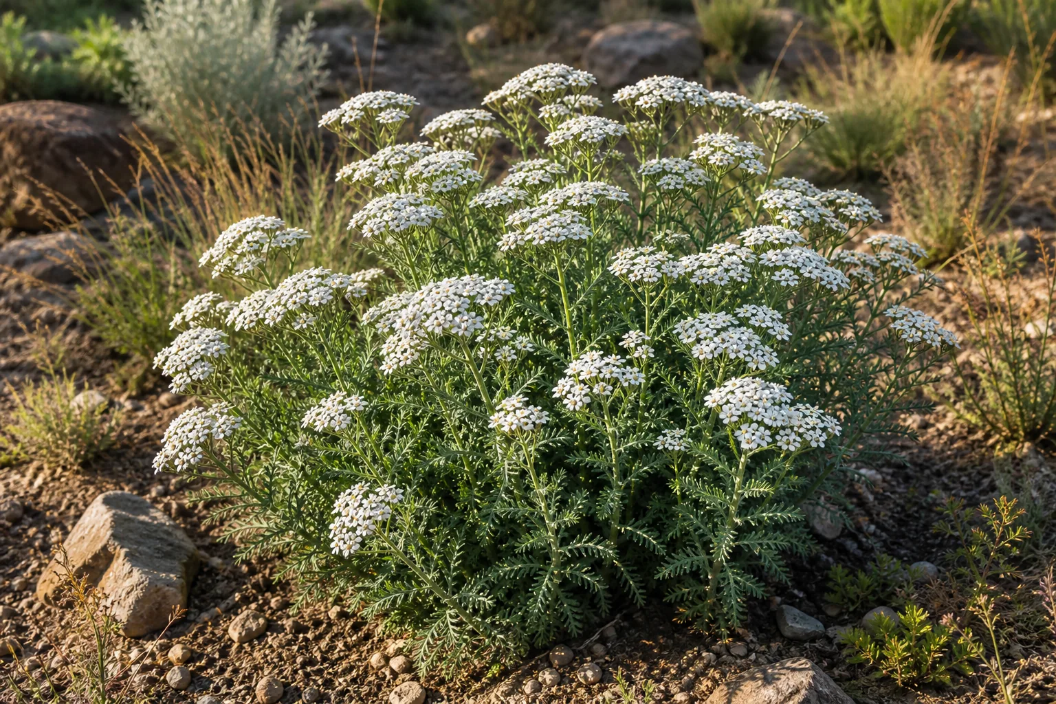 White Common Yarrow flower clusters growing in a dry sunny garden bed