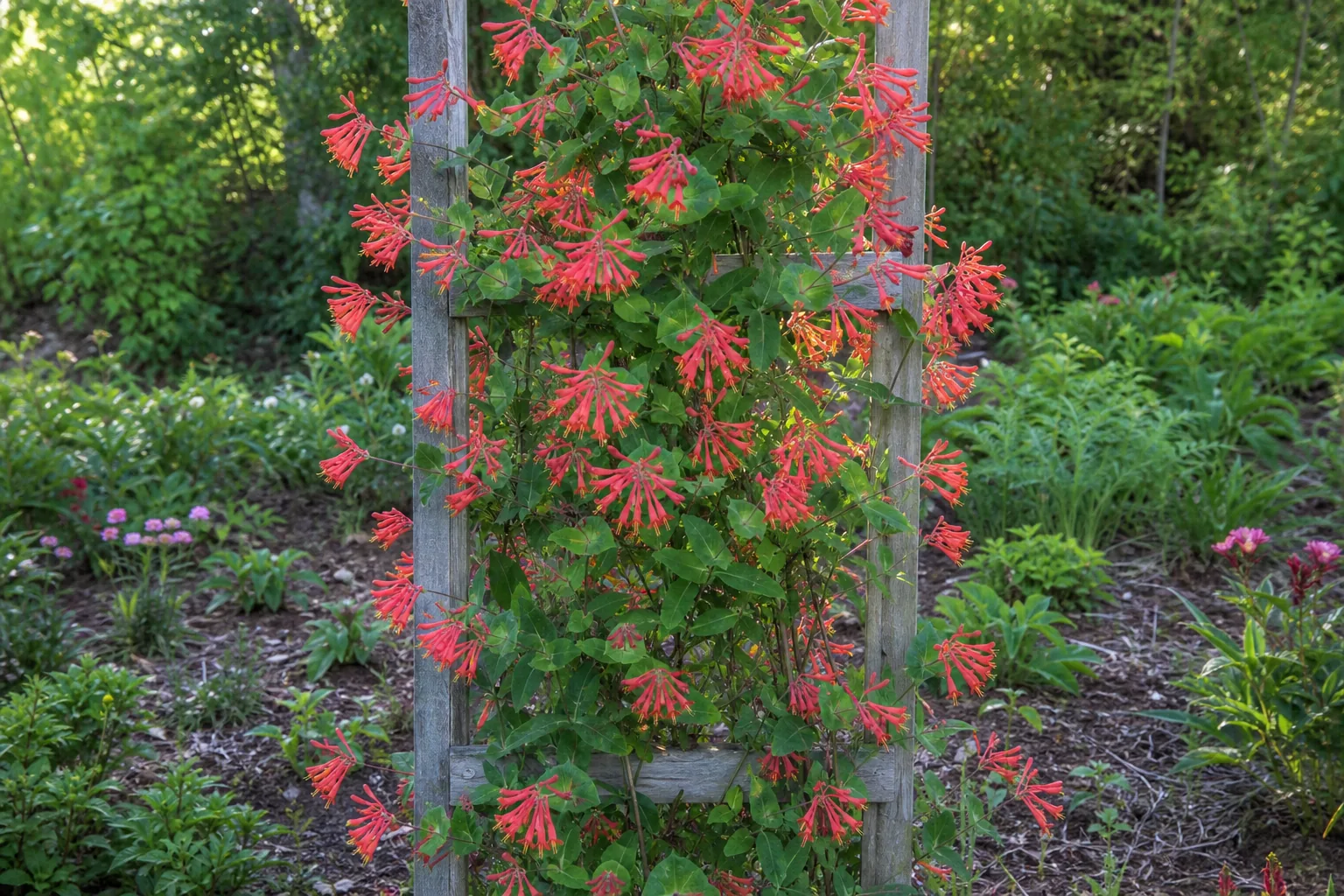 Coral Honeysuckle flowering on a garden trellis outdoors