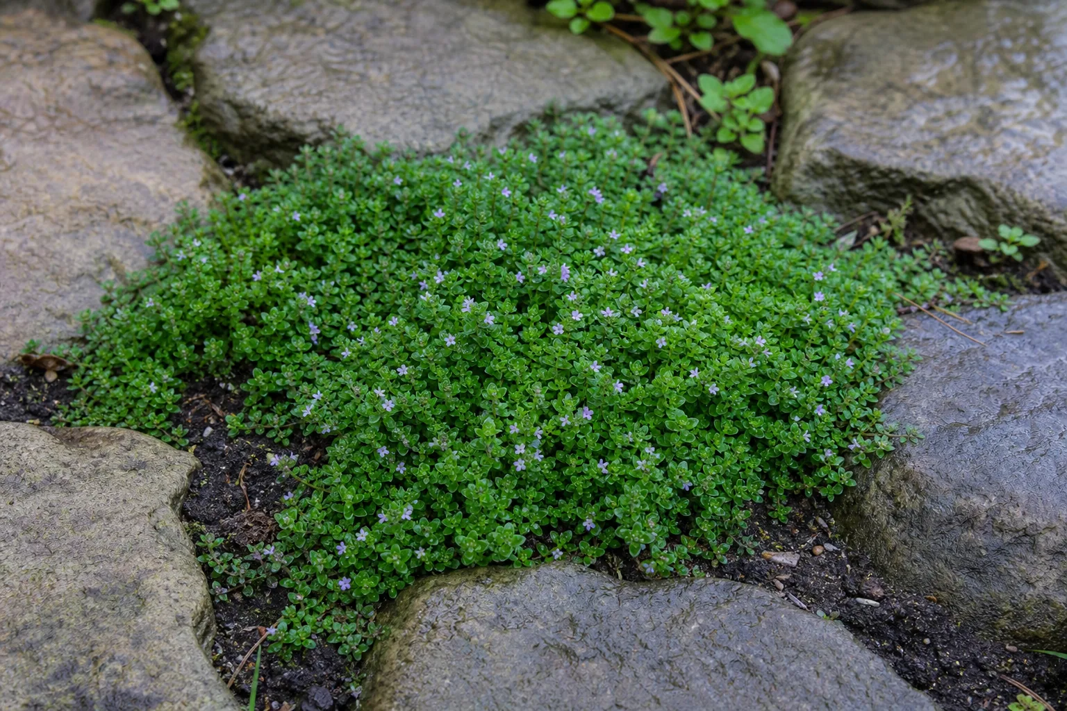 Corsican Mint forming a tiny green mat between garden stones