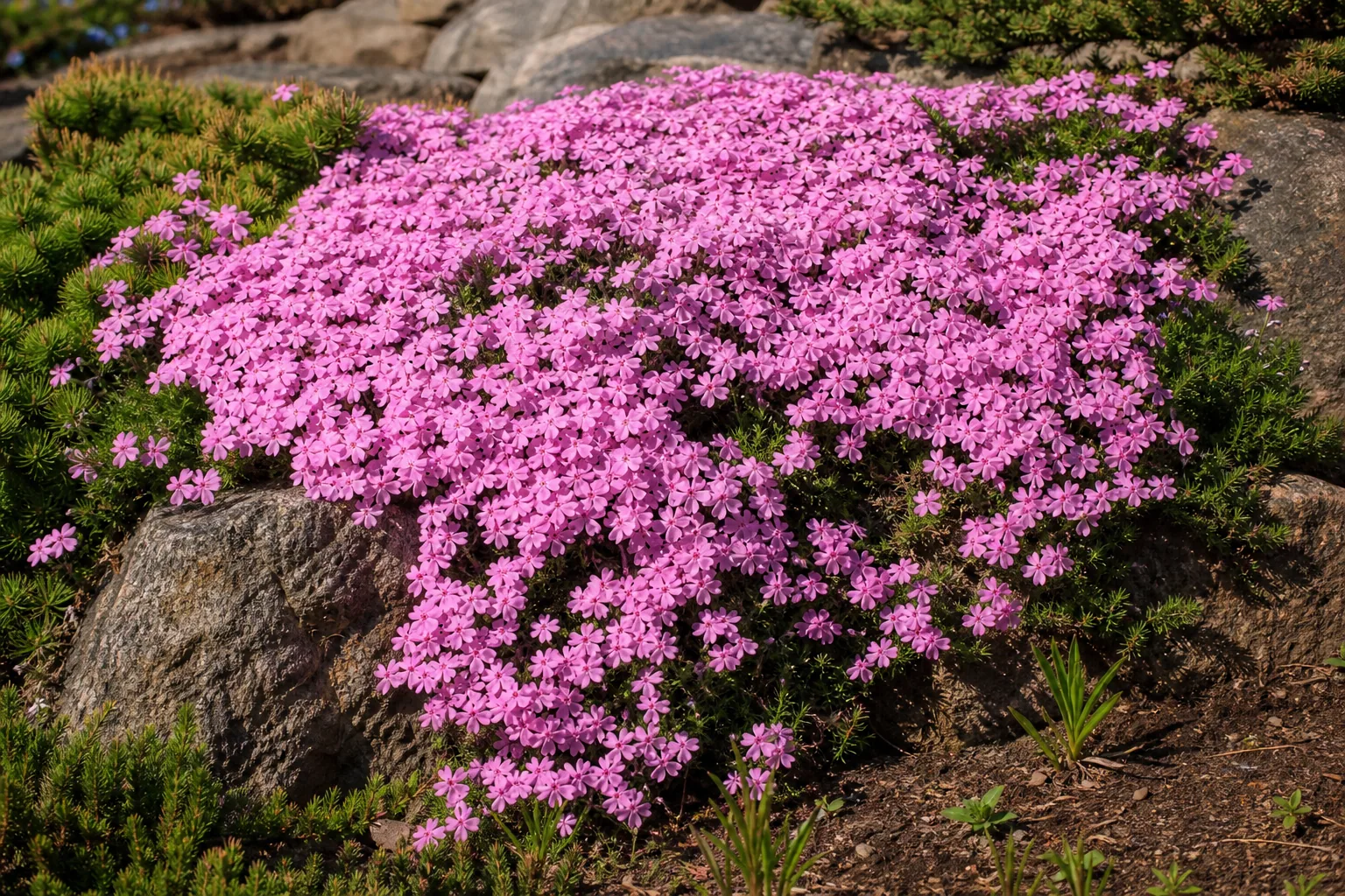 Pink Creeping Phlox flowers cascading across a sunny garden slope