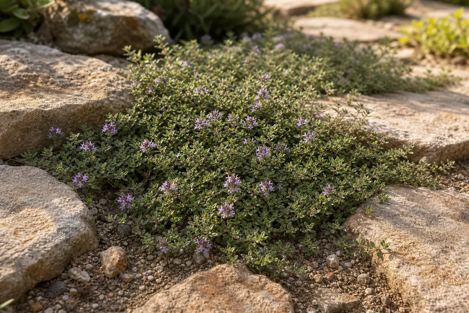 Creeping Thyme carpeting a sunlit stone path in a natural garden