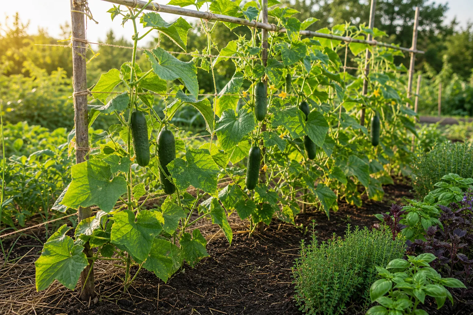 Cucumber vines bearing green fruit on a simple trellis in a kitchen garden bed