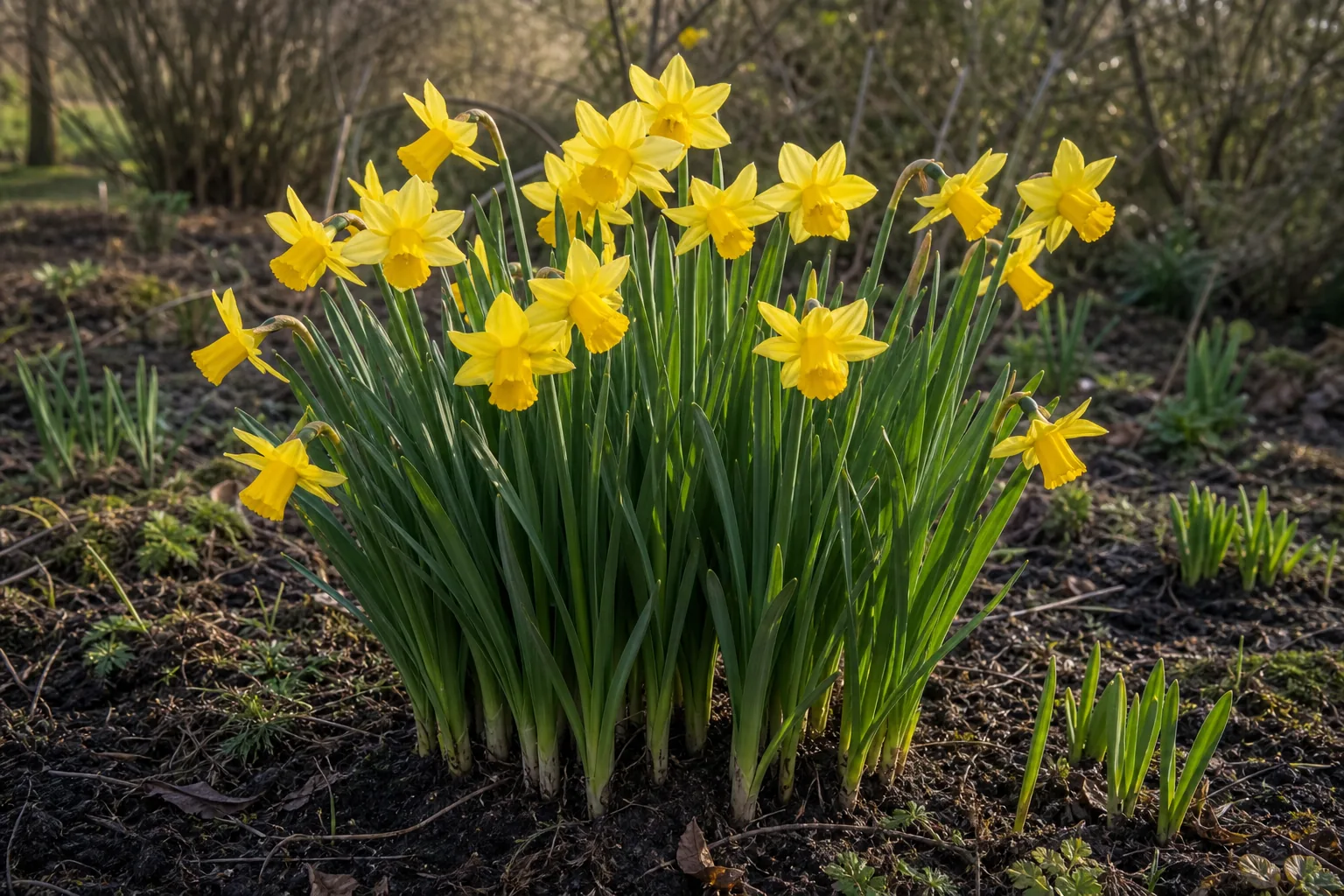 Yellow Daffodil flowers growing in a natural early spring garden bed
