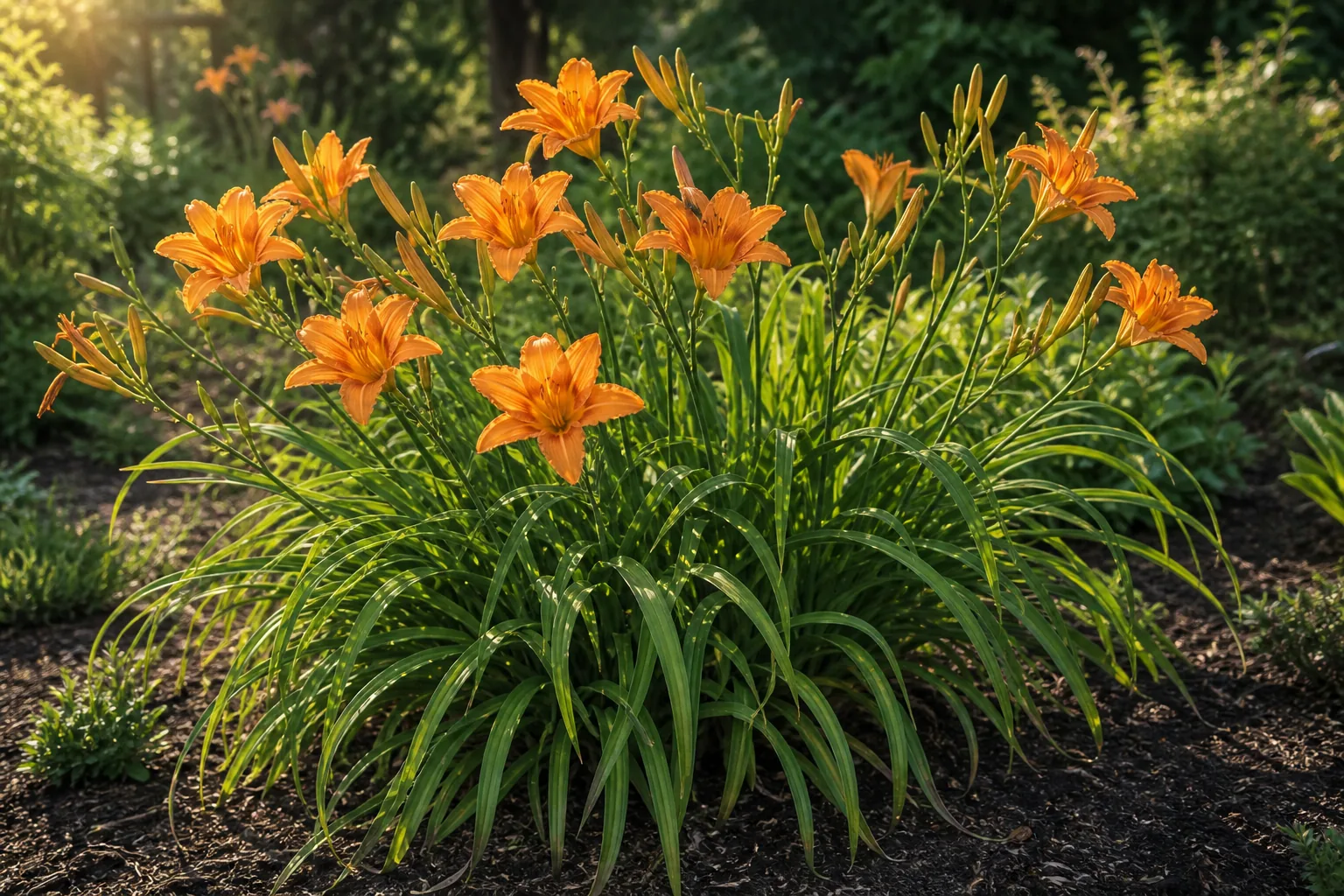 Orange Daylily flowers growing in a sunny perennial garden bed